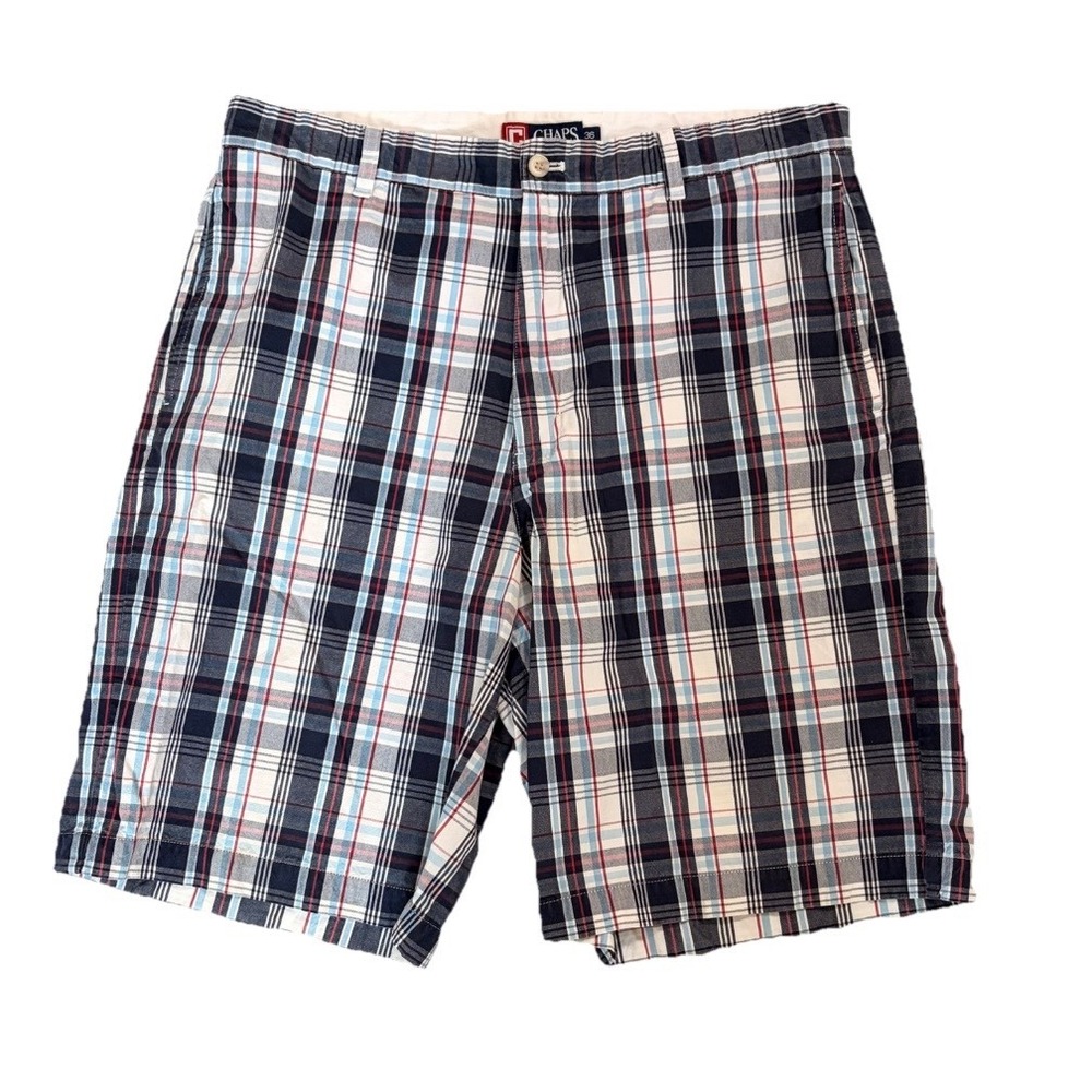 Chaps Plaid Shorts Y2K Navy Blue‎ Red White Cotton Men 36 Preppy Golf Americana